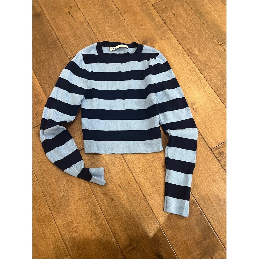 Zara Women's Striped Cropped Long Sleeve Knit Sweater Top Blue